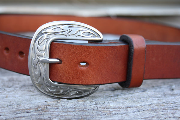Stainless Steel Round Engraved Bridle Leather Belt